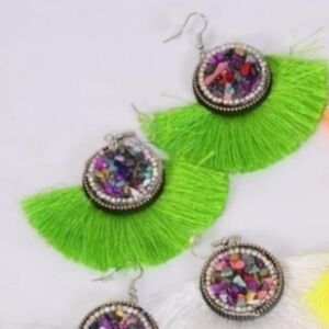 Fringe Tassel Fan Statement Earrings NEW Green